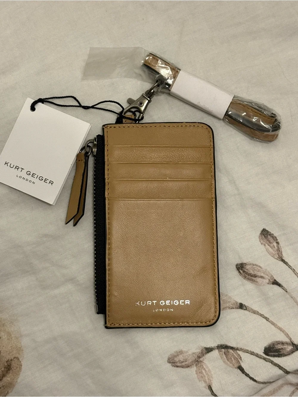 NWT Kurt Geiger Quilted Leather Card Wallet with Strap - Camel Tan